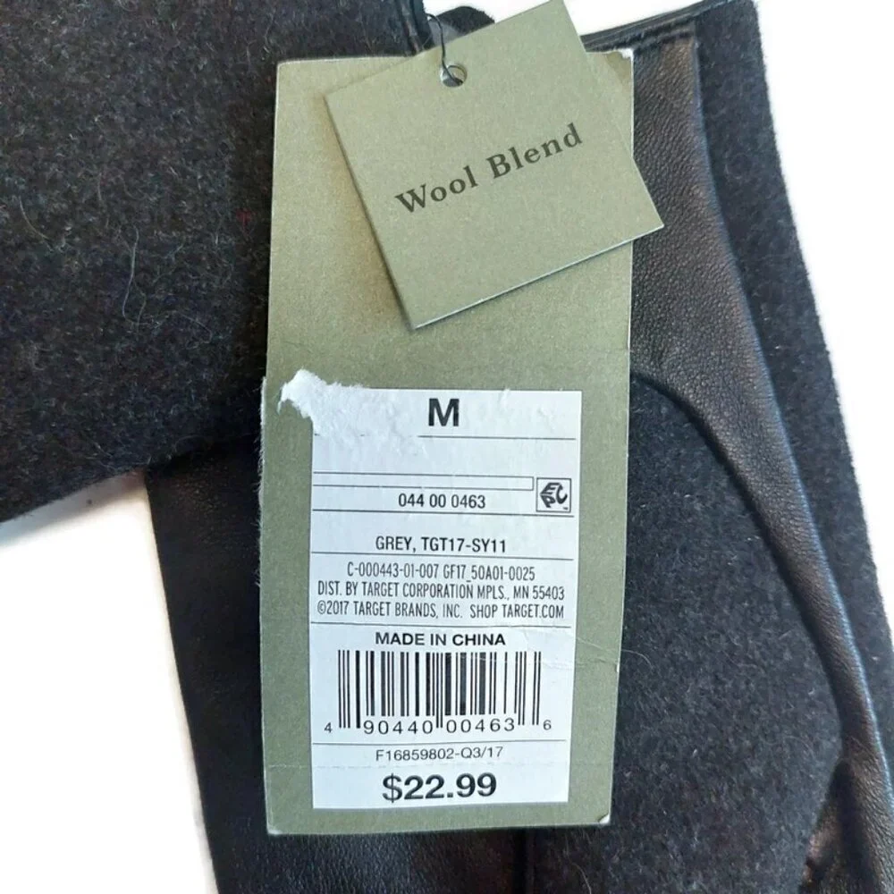 Goodfellow and Co Womens Size M Leather Wool Snap Close Winter Gloves Black Gray
